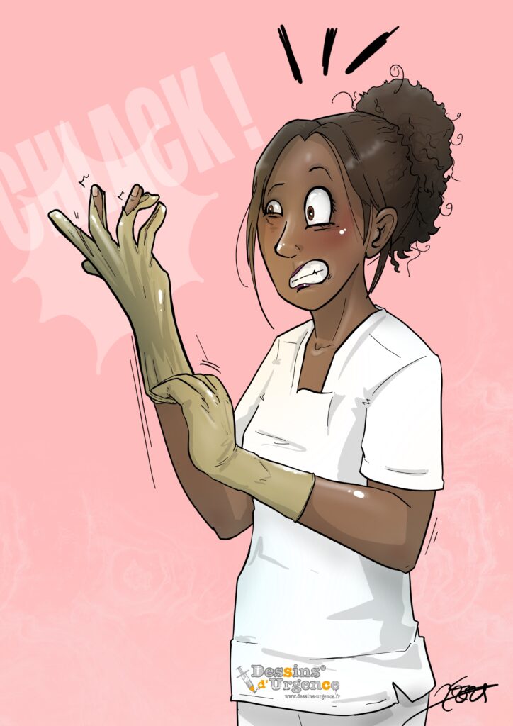 Infirmière qui craque ses gants stériles