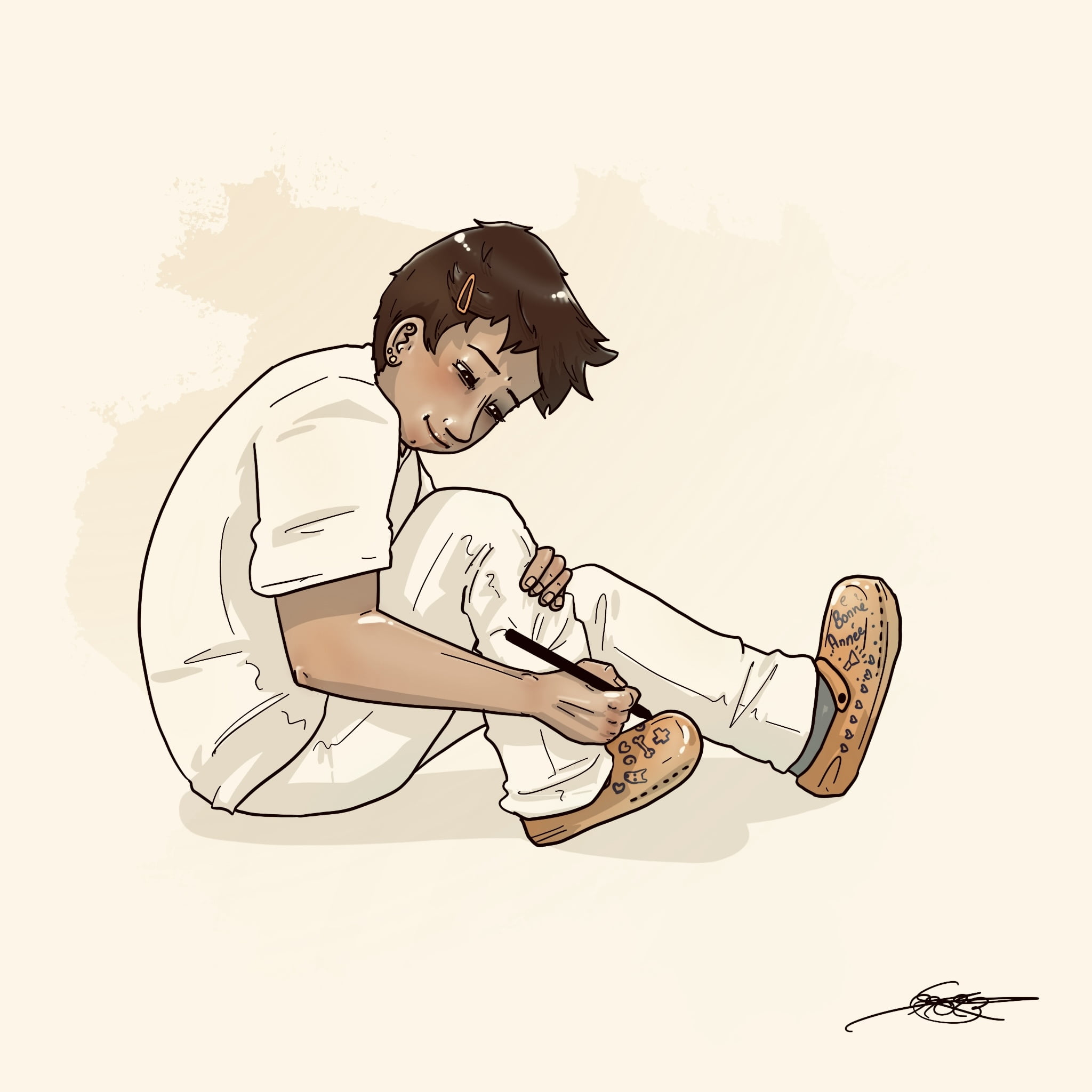 Infirmière qui dessine sur sa chaussure