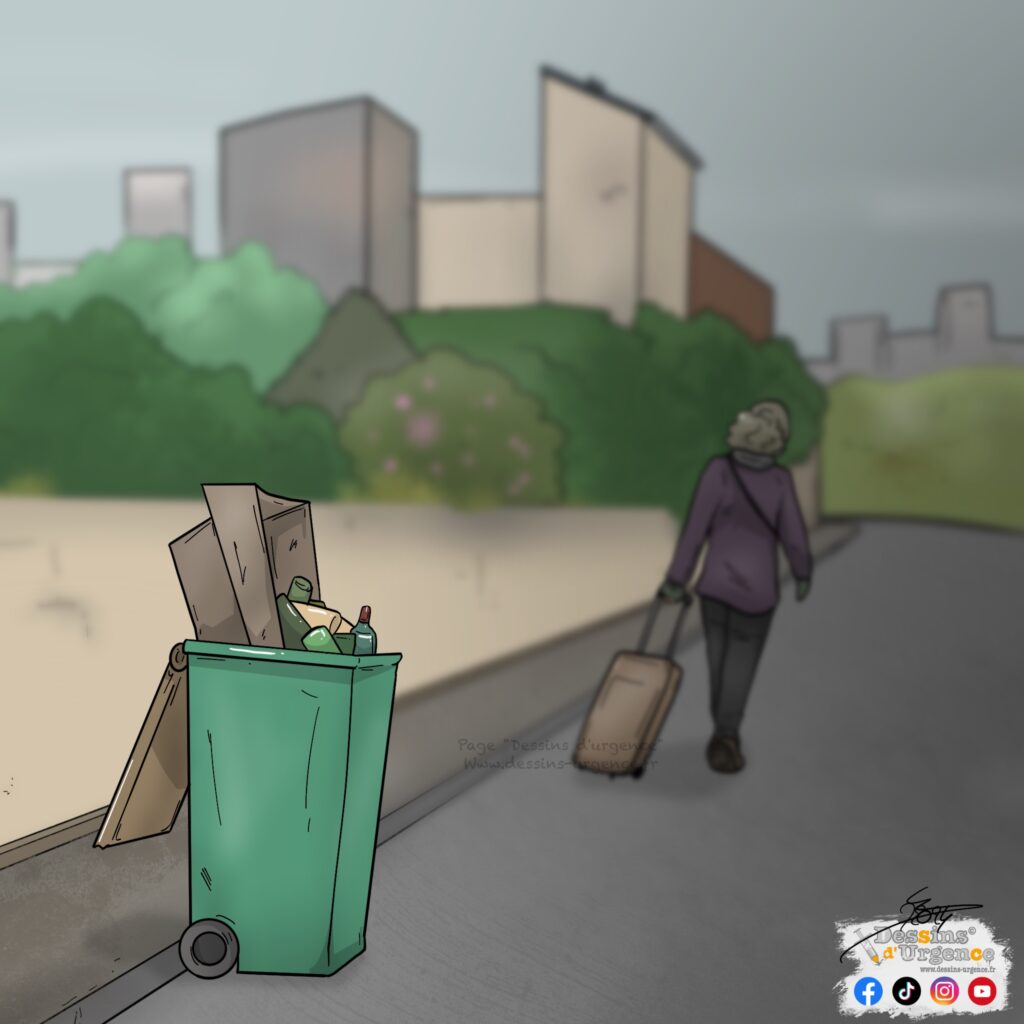 Martine dans la rue avec sa valise